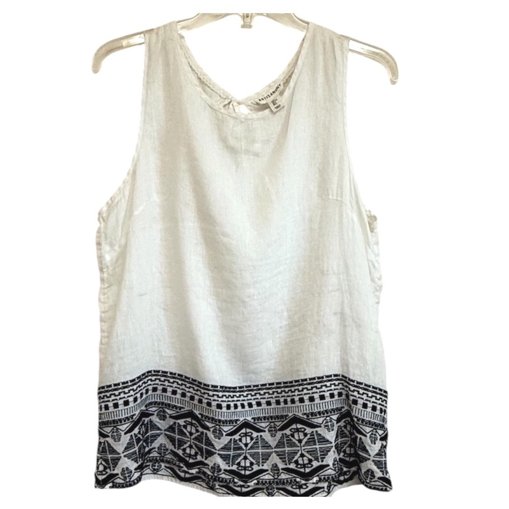 Artisan NY White 100% Linen Sleeveless Embroidered Hem Tank Top Large
